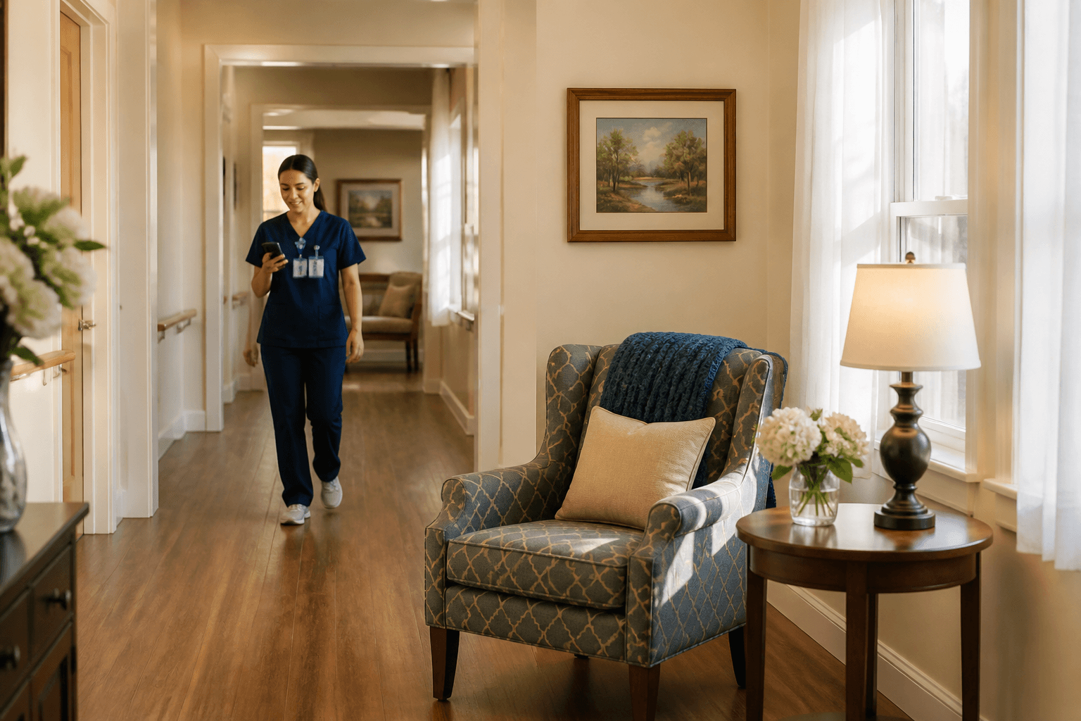A senior living community corridor with staff using a smartphone